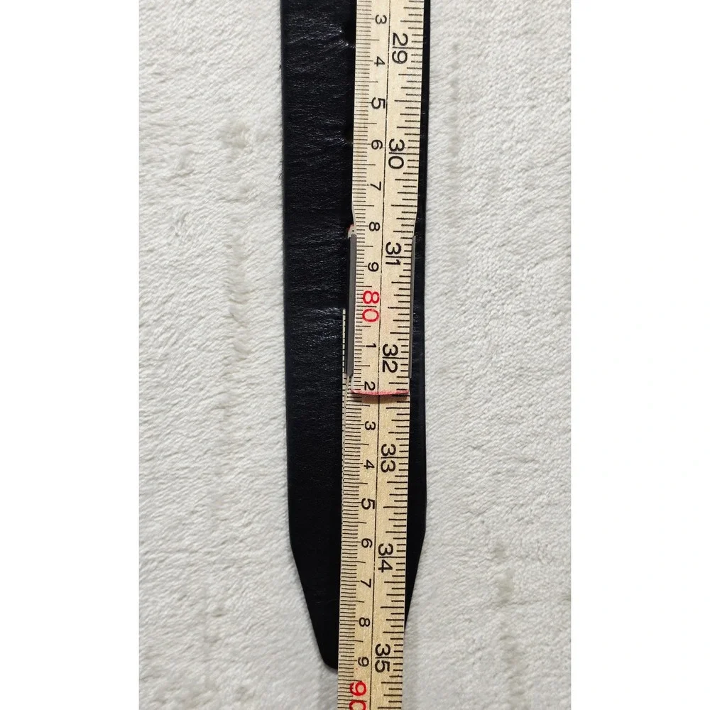 DKNY Jeans Mens Black Leather Belt Silver Square Logo Buckle Made in Mexico 34